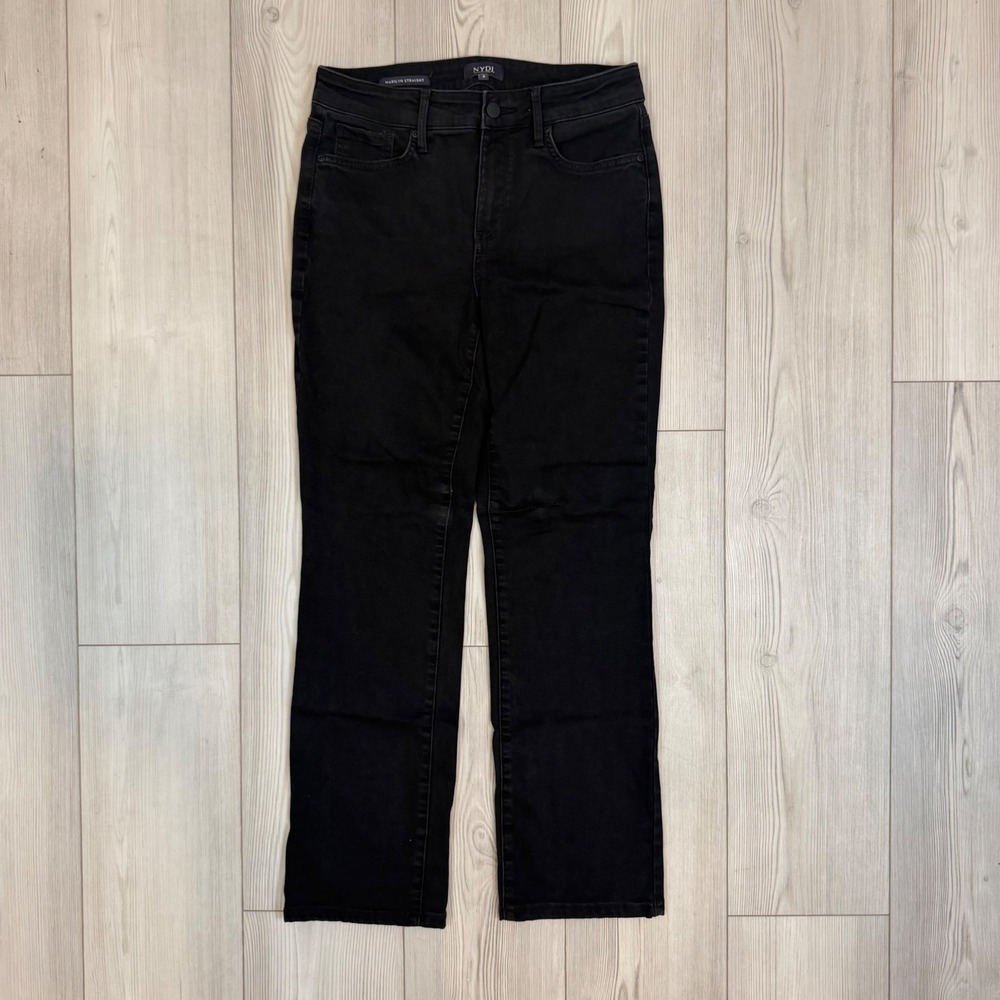NYDJ Marilyn Straight Leg Jeans Black High Rise Lift Tuck Denim MAER2013 Size 8